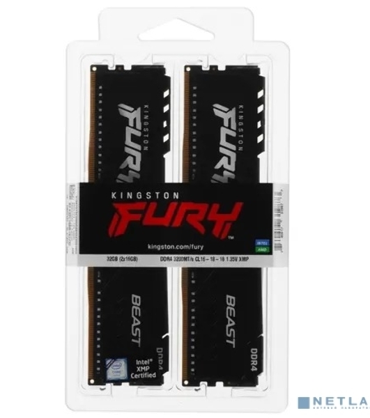 Оперативная память Kingston Fury Beast, DDR4, 32GB (2x16GB), 3200MHz, CL16, DIMM, с радиатором, черный