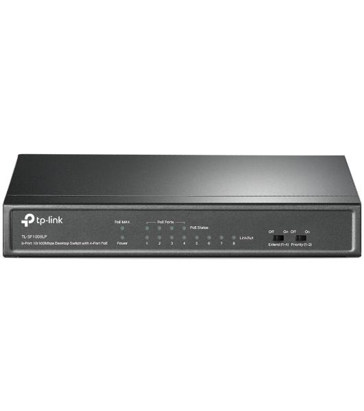 Коммутатор TP-Link 8-Port 10/100Mbps Unmanaged Switch with 4-Port PoE, metal case, desktop mount, PoE budget 41W.