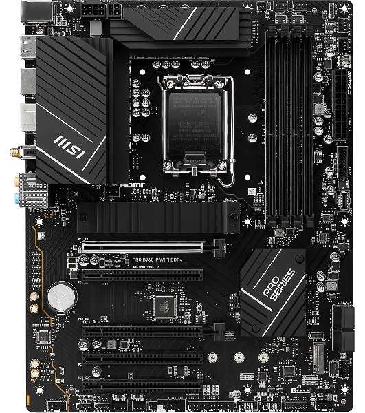 Материнская плата MSI PRO B760-P WIFI DDR4, LGA 1700, Intel B760, 4xDDR4, 4xSATA, 2xM.2, 1xPCIe 4.0 x16, 1xPCIe 4.0 x4, 3xPCIe 3.0 x1, 1xHDMI, 1xDP, 1xRJ45 2.5Gb, Wi-Fi 6E, Bluetooth 5.3, 1xUSB-C 3.2 Gen 2, 2xUSB-A 3.2 Gen 2, 4xUSB-A 2.0, 5x3.5мм, TOSLINK, 7.1, Standard-ATX
