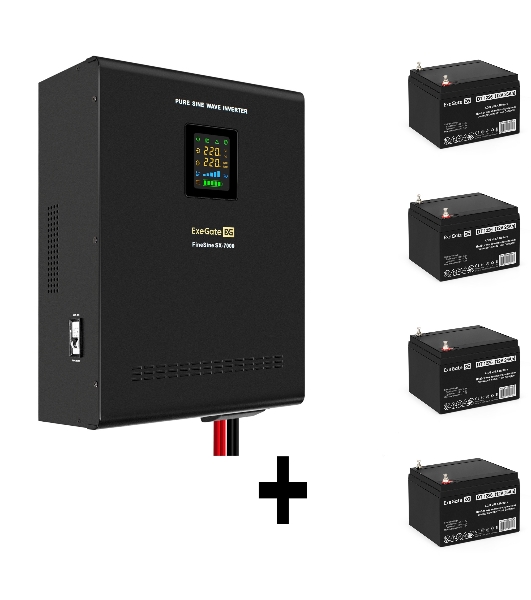 Комплект Источник бесперебойного питания EX296005RUS + батарея 26Aч EX282970RUS 4шт (инвертор, синус, для котла, настенный) ExeGate FineSine SX-7000.LCD.AVR.2SH.T 7000VA/5000W, чистая синусоида, цветной LCD-дисплей, AVR, 2*Schuko+клеммы, линейно-интерактивный, крепление настенное, черный + батарея ExeGate DT 1226 (12В, 26А·ч) 4шт
