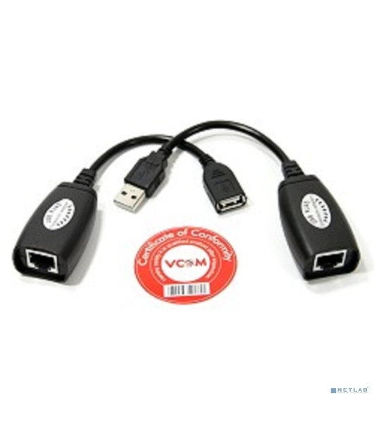 Кабель AM/AF удлинитель USB по витой паре VCOM (AM/RJ45-RJ45/AF) до 45m CU824