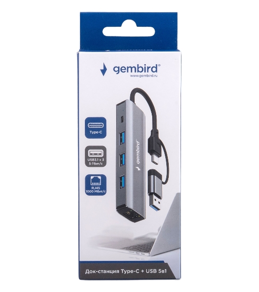 Док-станция Gembird UHB-D7, USB Type-C + USB, 3хUSB3.1, Type-C, RJ45, USB