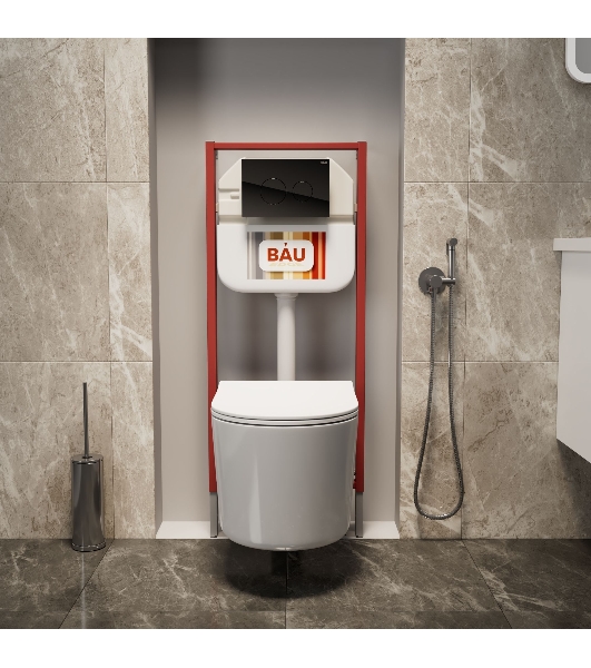 Комплект BAU 6 в 1: рамная инсталляция BAU NEO 45, унитаз подвесной безободковый Bau Hotel PRO, быстросъемное сиденье микролифт, кнопка смыва из стекла BAU Dream дизайнерская, черная