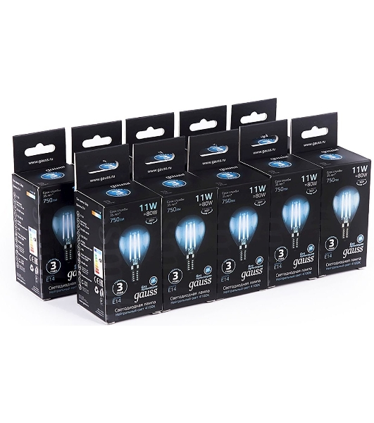 Лампа светодиодная филаментная Gauss Filament 11Вт цок.: E14 шар 220B 4100K св. свеч. белый нейт. (упак.: 10 шт)