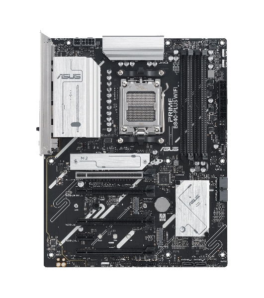 Материнская плата ASUS PRIME B840-PLUS WIFI, AM5, AMD B840, 4xDDR5, 4xSATA, 3xM.2, 1xPCIe 4.0 x16, 1xPCIe 3.0 x16, 2xPCIe 3.0 x16, 1xPCIe 3.0 x1, 1xDP, 1xHDMI, 1x 2.5Gb LAN, 8xUSB-A, 3x3.5 мм, 7.1, ATX