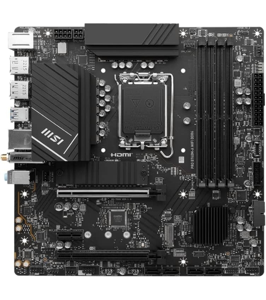 Материнская плата MSI PRO B760M-A WIFI DDR4, LGA 1700, Intel B760, 4xDDR4, 4xSATA, 2xM.2, 1xPCI-E 4.0 x16, 1xPCI-E 4.0 x4, 1xPCI-E x1, 2xHDMI, 2xDP, 1x 2.5Gb LAN, 2xUSB-A 2.0, 2xUSB-A 3.2 Gen 1, 2xUSB-A 3.2 Gen 2, 3x3.5 мм, 7.1, Micro-ATX