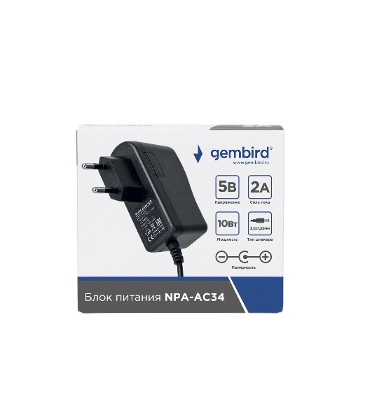 Блок питания Gembird NPA-AC34, 5В/2А, 10Вт, 1 штекер 3.5х1.35мм, черный