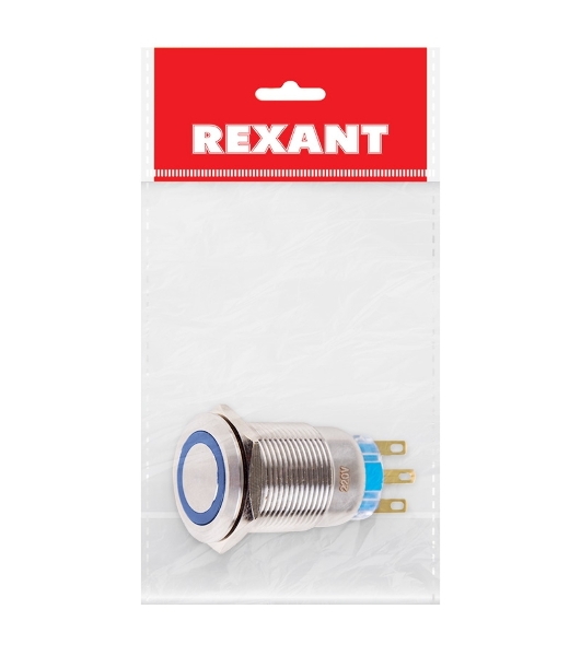 Кнопка антивандальная Rexant Ø19 12В Фикс (5с) ON-OFF/OFF-ON подсв/синяя