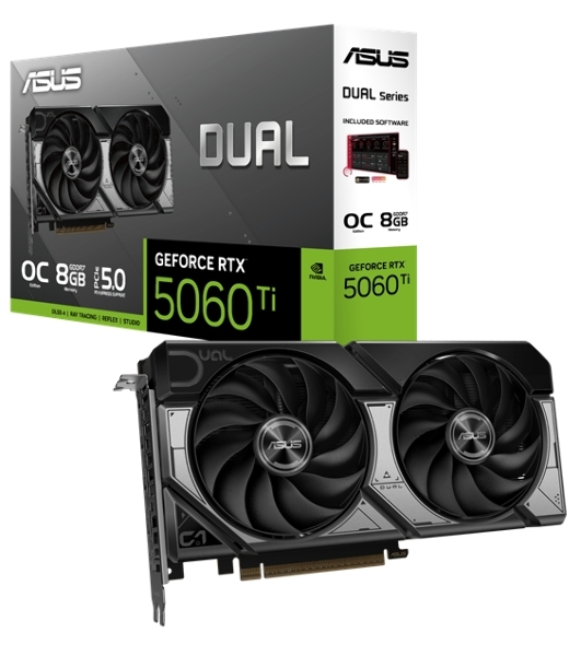 Видеокарта ASUS GeForce RTX 5060 Ti 8G DUAL OC Edition, NVIDIA RTX 5060 Ti, 8 ГБ GDDR7, 128 бит, PCI-e 5.0, 1xHDMI, 3xDP, 2632 МГц