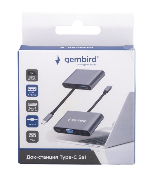 USB-концентратор Gembird UHB-D8, USB Type-C, PD100W, Jack 3,5, HDMI, VGA, USB Type-C