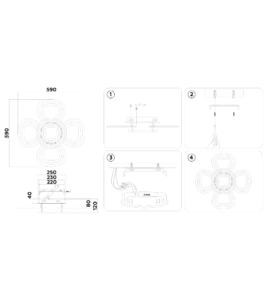Потолочный светодиодный светильник FA8926/4+1 BK/CH черный/хром 163W 3000K-6400K 590*590*120 (ПДУ РАДИО 2.4G)