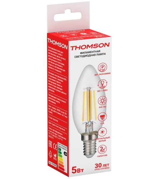 Лампа светодиодная Hiper THOMSON LED FILAMENT CANDLE 5W 545Lm E14 4500K TH-B2066