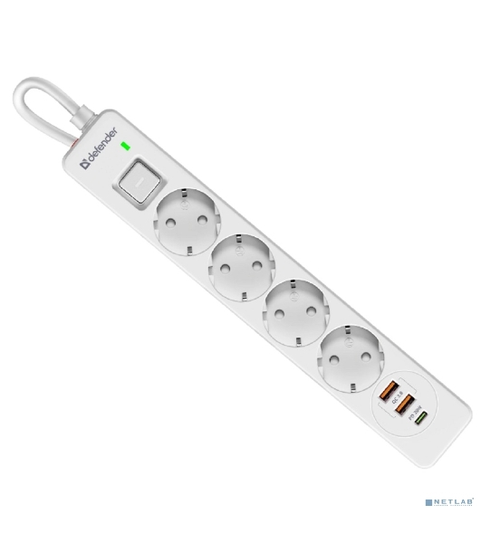 Удлинитель с сетевым фильтром Defender DFS 143, белый, 4розетки, USB+TypeC, 3 м.