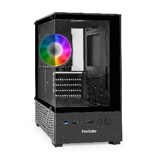 Компьютерный корпус Minitower ExeGate i3 SEA (mATX, БП 500NPX, 2*USB+1*USB 3.0, HD аудио, черный, 1 вент. 12см с RGB подсветкой, передняя и боковая панели - закаленное стекло)