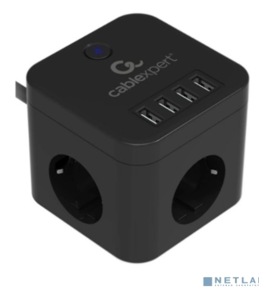 Сетевой фильтр Cablexpert Cube CUBE-3-U4-B-1.5, 3 р, 10А, 4хUSB, 1.5 м, ур.защиты 4+, черный, коробка