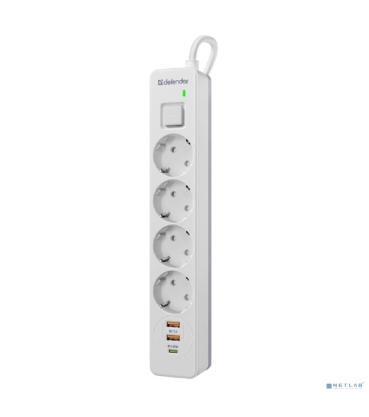 Удлинитель с сетевым фильтром Defender DFS 143, белый, 4розетки, USB+TypeC, 3 м.