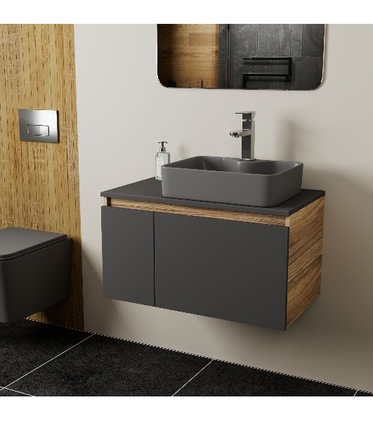 Комплект: тумба Bau Dream Blackwood графит 80, раковина BAU Cerama 48х37, темно-серая, смеситель Hotel Stil, нерж сталь