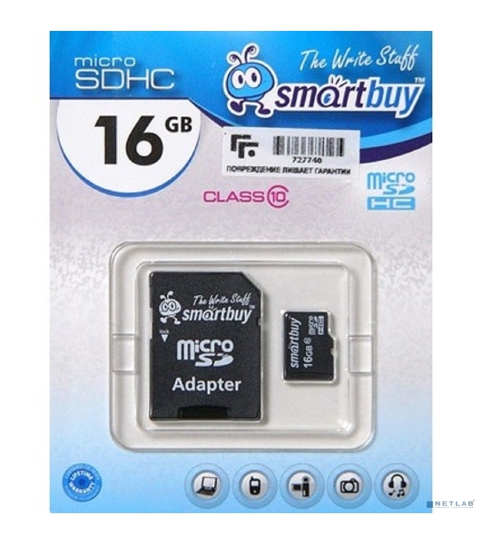 Флеш карта Smartbuy microSD 16Gb, microSDHC Class 10 (SD адаптер)