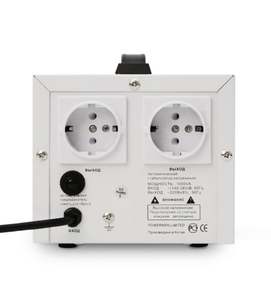 Стабилизатор напряжения Powerman AVS-D Voltage Regulator 1000VA, Digital Indication, 2x Schuko Outlets, 1m Power Cord, 230V, 1 year warranty, белый