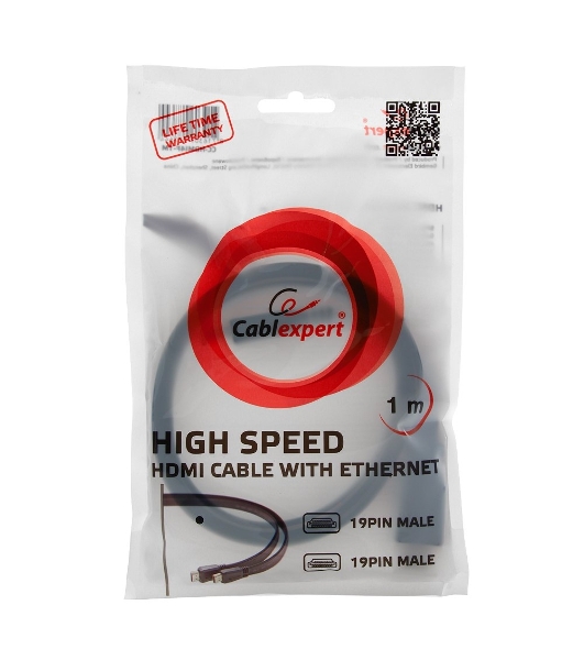 Кабель Cablexpert HDMI CC-HDMI490-15, 19M/19M, v2.0, медь, позол.разъемы, экран, плоский кабель, 1м, черный, пакет