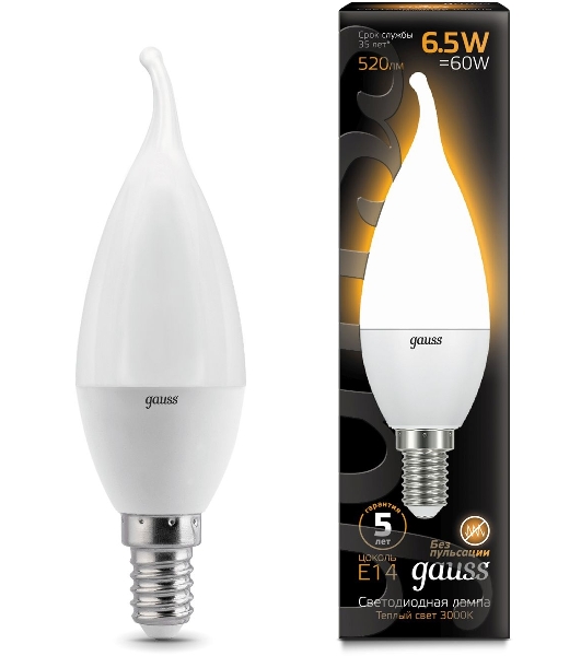 Лампа светодиодная Gauss 6.5Вт цок.: E14 свеча 220B 3000K св. свеч. бел. теп. (упак.: 10 шт)