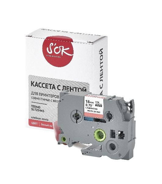 Кассета с лентой S'OK by Sakura Printing TZE445 для Brother, белый на красном, 18мм/8м, наклейка