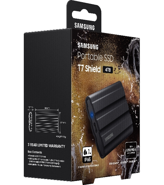 Внешний SSD Samsung T7 Shield, 4TB, USB 3.2 Gen 2 Type-C, R/W 1050/1000, черный