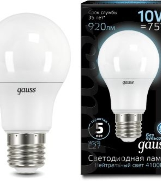 Лампа светодиодная Gauss A60 10Вт цок.:E27 шар 220B 4100K св.свеч.бел.нейт. A60 (упак.:10шт)