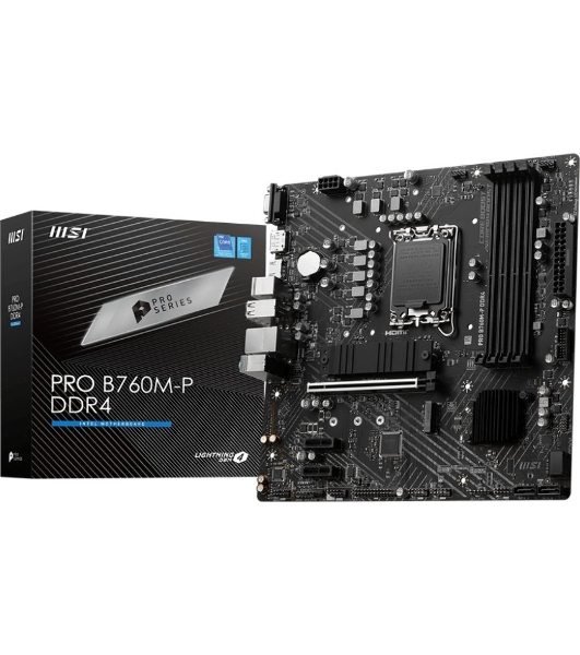 Материнская плата MSI PRO B760M-P DDR4, LGA 1700, Intel B760, 4xDDR4, 4xSATA, 2xM.2, 1xPCIe 4.0 x16, 2xPCIe 3.0 x1, 1xHDMI, 1xDP, 1xVGA, 1x1Gb LAN, 4xUSB-A 2.0, 1xUSB-A 3.2 Gen 1, 1xUSB-C 3.2 Gen 2, 3x3.5 мм, 7.1, mATX