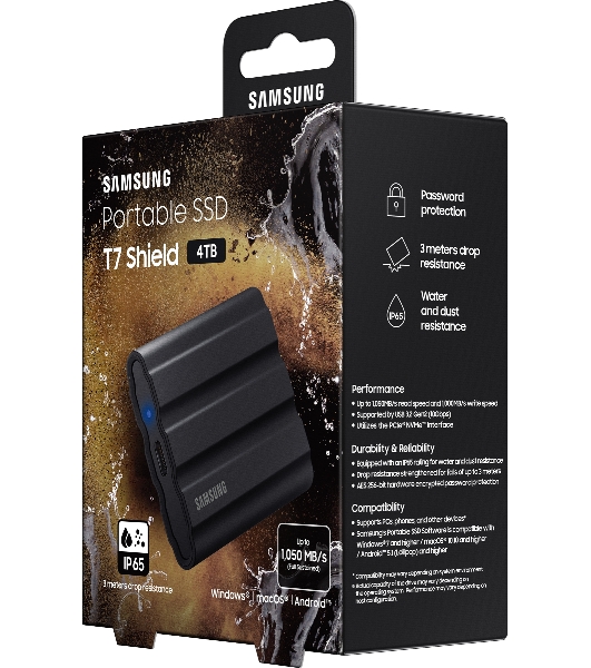 Внешний SSD Samsung T7 Shield, 4TB, USB 3.2 Gen 2 Type-C, R/W 1050/1000, черный