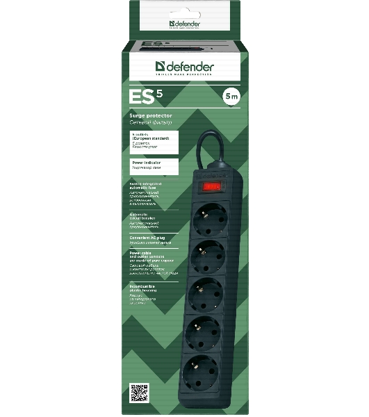 Сетевой фильтр Defender ES, 5.0 м, 5 розеток, черный