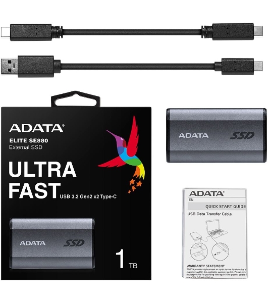 Внешний SSD ADATA Elite SE880, 1TB, USB 3.2 Gen 2x2 Type-C, R/W 2000/2000, серый