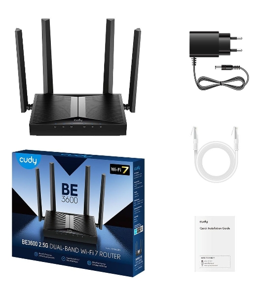 Маршрутизатор Cudy BE3600 2.5G Dual Band Wi-Fi 7 Mesh Router, Chipset Broadcom, 802.11be/ax/ac/a/b/g/n, 2882Mbps at 5GHz + 688Mbps at 2.4GHz, 1 x 2.5Gbps WAN Port, 4 x 10/100/1000Mbps Ports, 4 x 5dBi fixed antennas, WiFi router/AP/Repeater/WISP Mode, PPTP/L2TP/OpenVPN/WireGuard, MLO, MU-MIMO, Guest network, WPS, DDNS, IPv6, IPTV, WOL, WPA3, TR069/TR098/TR111/TR181, Cudy APP