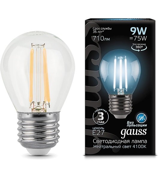 Лампа светодиодная филаментная Gauss 9Вт цок.: E27 шар 220B 4100K св. свеч. белый ней. G45 (упак.: 10 шт)