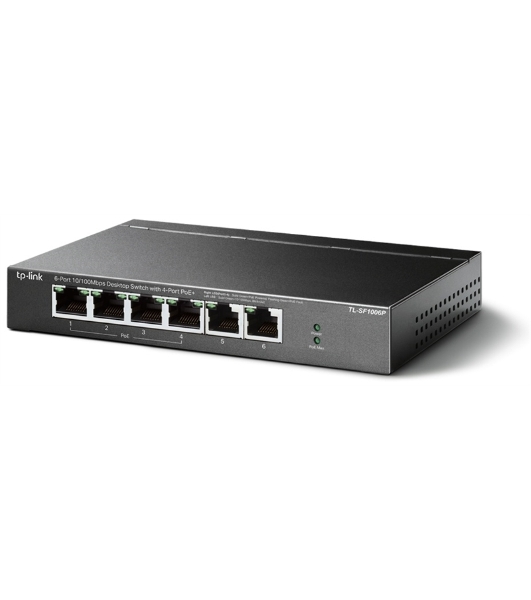 Коммутатор TP-Link 4-port 10/100Mbps Unmanaged PoE+ Switch with 2 10/100Mbps uplink ports, meta case, desktop mount, 4 802.3af/at compliant PoE+ port, 2 10/100Mbps uplink ports, DIP switches for Extend mode, Isolation mode and Priority mode, up to 250m PoE power supply