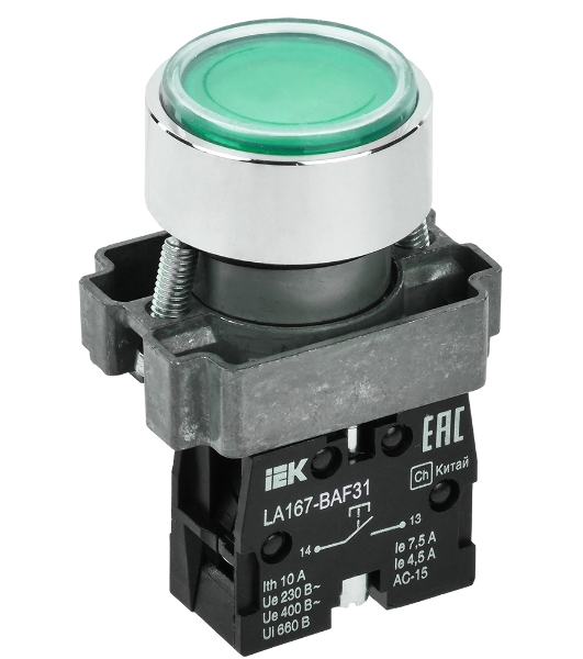 Кнопка IEK LA167-BAF31 d=22мм 1з зеленая