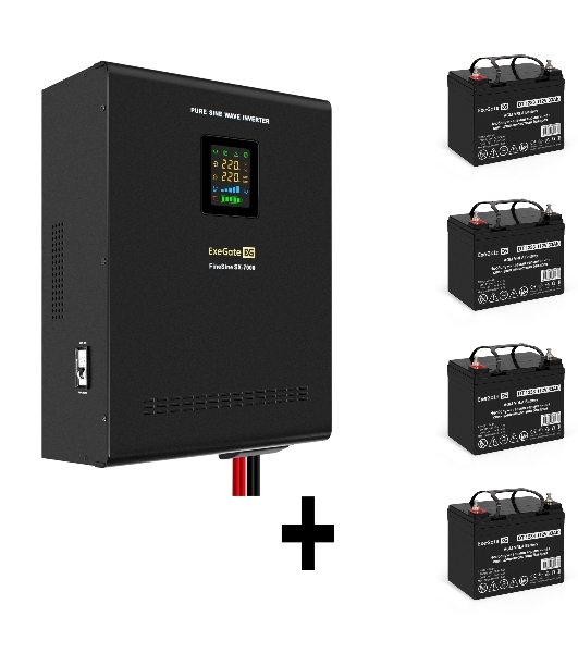 Комплект Источник бесперебойного питания EX296005RUS + батарея 33Aч EX282974RUS 4шт (инвертор, синус, для котла, настенный) ExeGate FineSine SX-7000.LCD.AVR.2SH.T 7000VA/5000W, чистая синусоида, цветной LCD-дисплей, AVR, 2*Schuko+клеммы, линейно-интерактивный, крепление настенное, черный + батарея ExeGate DT 1233 (12В, 33А·ч) 4шт