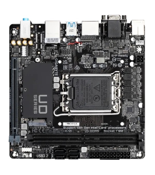 Материнская плата Gigabyte H610I, LGA 1700, Intel H610, 2xDDR5, 4xSATA, 1xM.2, 1xPCIe 4.0 x16, 1xHDMI, 1xVGA, 2xDP, 1x 1Gb LAN, 2xUSB-A 3.2 Gen 1, 4xUSB-A 2.0, 3x 3.5 мм, 7.1, Mini-ITX