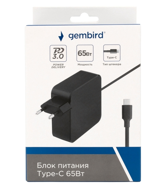 Блок питания Gembird для ноутбуков и Алисы NPA-DC11, PD3.0, 65Вт, штекер Type-C, коробка
