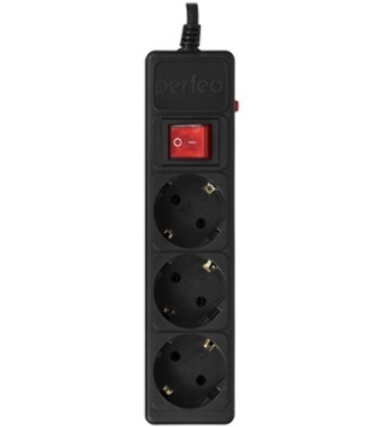Сетевой фильтр Perfeo 'POWER-S', 3,0 м, 3 розетки 10А, 2USB, 2500 Вт, двойная защита, черный