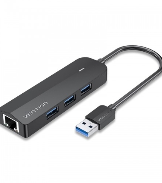 Сетевой адаптер Vention USB 3.0 M/Gigabit Ethernet RJ45 F+OTG хаб 3xUSB черный - 0.15м.