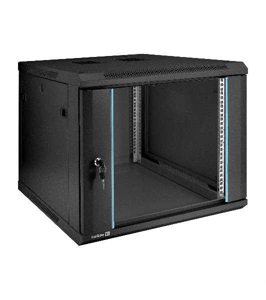 Шкаф телекоммуникационный 19' настенный 9U ExeGate EC-WM-9U.600.G.BLACK (19', 9U, 600x600x500мм (ШхГхВ), передняя дверь закаленное стекло, съемные боковые панели, пыле- и влагозащита IP23, черный RAL 9004)
