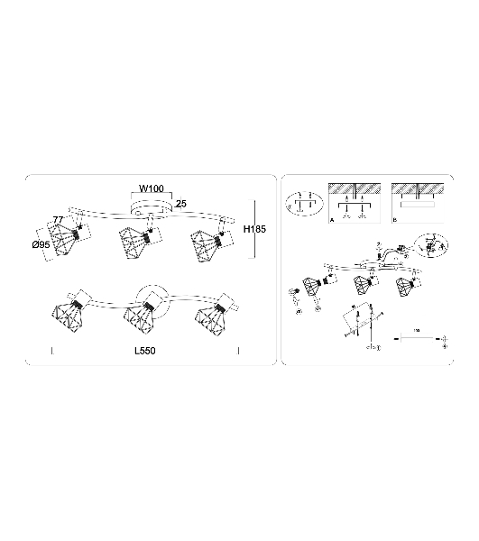 Светильник Ambrella light TR8657/3 BK/GD черный/золото E14/3 max 60W 550*100*185