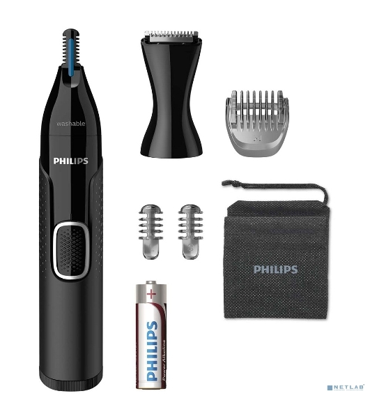 Триммер Philips для носа и ушей, черный, корпус - пластик, 3 насадки-гребня, насадка - триммер, щеточка для очистки, мягкий чехол, батарейка