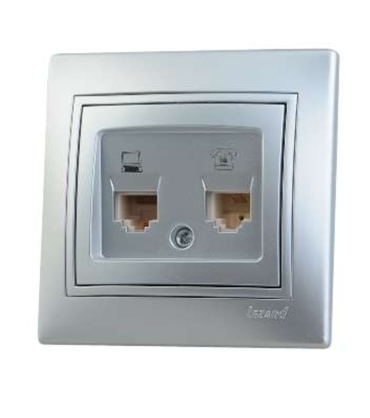 Розетка компьютерная + телеф. СП Мира RJ11 + RJ45 метал. сер. Lezard 701-1010-143