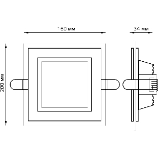 Светильник Glass кв 18W 1390lm 3000K 220-240V IP20 монт Ø155х155 200x200x30 с дек стек LED