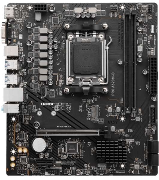 Материнская плата MSI PRO A620M-B, AM5, AMD A620, 2xDDR5, 4xSATA, 1xM.2 (PCIe 4.0 x4), 1xPCIe 4.0 x16, 1xPCIe 3.0 x1, 1xHDMI, 1xVGA, 1x2.5Gb LAN, 6xUSB-A 5Gbps, 6xUSB-A 2.0, 3x3.5 мм, 7.1, mATX