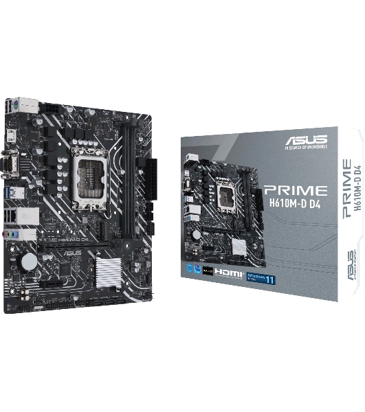 Материнская плата ASUS PRIME H610M-D D4, LGA 1700, Intel H610, 2xDDR4, 4xSATA, 1xM.2, 1xPCIe 4.0 x16, 1xPCI, 1xHDMI, 1xVGA, 1x 1Gb LAN, 2xUSB-A 2.0, 2xUSB-A 3.2 Gen 1, 3x3.5 мм, 7.1, mATX