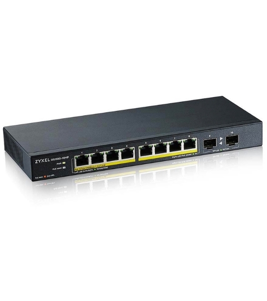 Коммутатор PoE+ Zyxel GS1100-10HP, 8xGE PoE+, 2xSFP, настольный, бесшумный, бюджет PoE 130 Вт