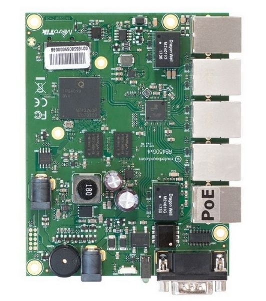 Плата маршрутизатора RB450Gx4 без корпуса RouterBOARD 450Gx4 with four core 716MHz Atheros CPU, 1 Gb RAM, 5 Gigabit LAN ports, PoE OUT on port #5, RouterOS L5